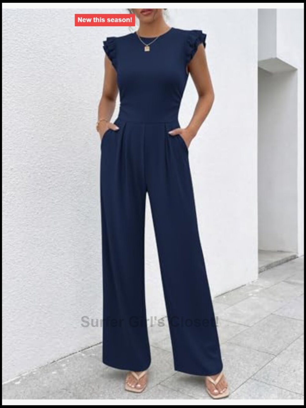 Ruffle Cap Sleeve Rib Knit Jumpsuit with Pockets - Picture 4 of 7
